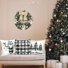 Christmas-Themed Throw Pillow Covers (18x18", Set of 4) - Farmhouse Style with Buffalo Plaid, Featuring Christmas Trees and Deer