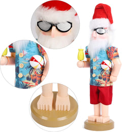 14-Inch Wooden Nutcracker Santa Figurine - Hawaiian Beach Summer Vacation Themed Tabletop Centerpiece for Holiday Decor