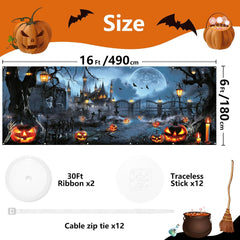 Extra Large Halloween Garage Door Cover Banner - 6 x 16 Ft: Featuring a Spooky Haunted House and Pumpkins - Perfect for Garage Door Displays, Photography, and Party Decorations!