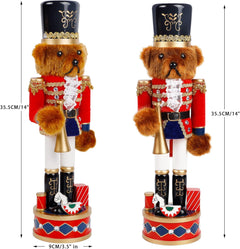 14-Inch Wooden Nutcracker Bear Drummer Figures - Large Christmas Tabletop Centerpieces and Festival Shelf Decorations