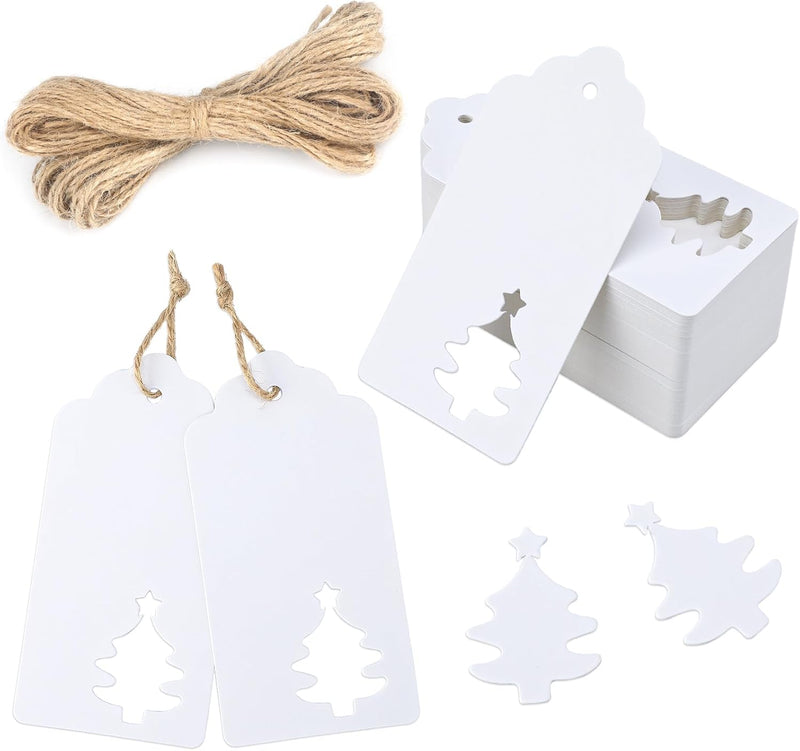 Christmas Tree Gift Tags with String - 100 Count Hollow Design Blank White Paper Tags for Holiday Decorations, Gift Wrapping, DIY Projects, and Party Favors