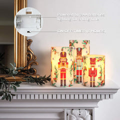 Nutcracker-Themed Flameless LED Candles with Remote Timer - Battery Operated Real Wax Pillar Set of 3 for Holiday Decor and Gift Giving
