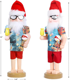 14-Inch Wooden Nutcracker Santa Figurine - Hawaiian Beach Summer Vacation Themed Tabletop Centerpiece for Holiday Decor