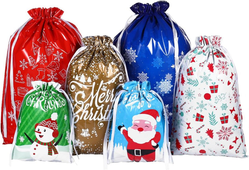 30PCS Christmas Drawstring Bags: Assorted Sizes Holiday Foil Wrapping Sacks Pouches Xmas Treat Bags Reusable Christmas Wrap Bag for Xmas Presents Party Favor