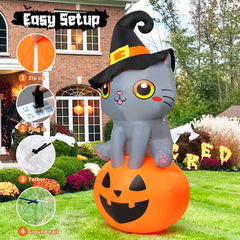 6 FT Inflatable Halloween Cat on Pumpkin - Ideal for Outdoor Decor and Halloween Celebrations with LED Lighting