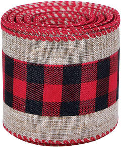 Buffalo Plaid Burlap Wired Ribbon Set for Holiday Decoration, Gift Wrapping, Wreaths, and Crafts, 2.5 Inches Wide, Total of 12 Yards (Natural Patchwork in Red and Black)