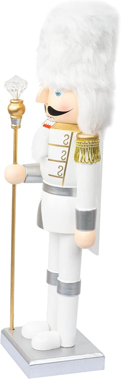 14-Inch Handmade Wooden Nutcracker Soldier in White Uniform with Scepter - Festive Decorative Figure for Indoor Winter Table and Fireplace Decor