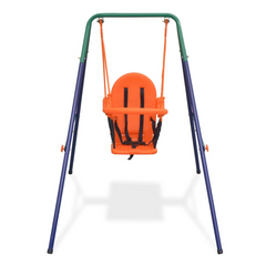 A swing set for a toddler with an orange chair and safety harness. Steel frame with green detail along the top quarter.