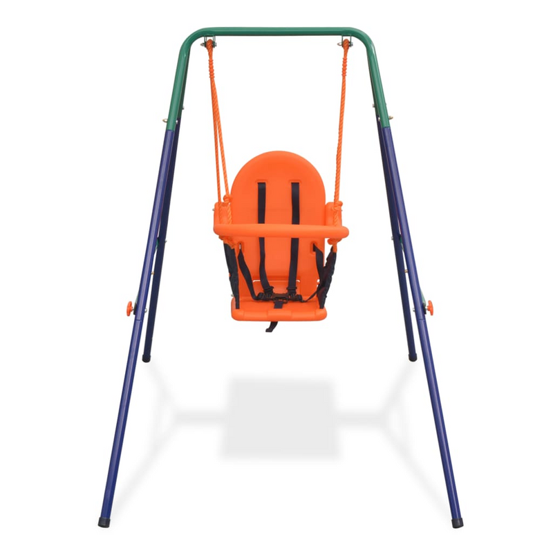 A swing set for a toddler with an orange chair and safety harness. Steel frame with green detail along the top quarter.