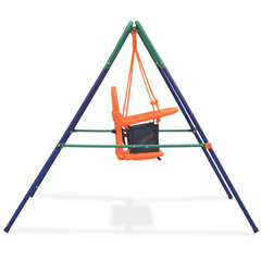 Side view of a swing set for a toddler with an orange chair and safety harness. Steel frame with green detail along the top quarter.