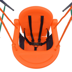 An orange chair with a black harness made for a toddlers single seat swing set