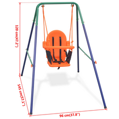 A swing set for a toddler with an orange chair and safety harness. Steel frame with green detail along the top quarter. Diminensions shown to be 120cm tall, 96 cm wide and 124cm deep. 