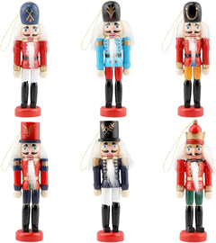 6-Piece Wooden Nutcracker Ornament Set, 5-Inch Mini King and Soldier Decorations for Holiday Cheer on Trees, Shelves, and Tables