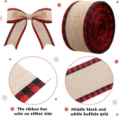 Christmas Buffalo Plaid Wired Edge Ribbons - Set of 2 Rolls, 216 Inches Each, Burlap Fabric Craft Wrapping Ribbon with Checkered Edge (1.5 Inch Width, Red and Black)