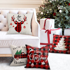 Set of 4 Christmas Pillow Covers 18x18 Inches in Black and Red Buffalo Plaid - Rustic Linen Decorative Cases for Sofa and Couch Holiday Decor