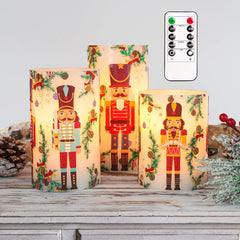 Nutcracker-Themed Flameless LED Candles with Remote Timer - Battery Operated Real Wax Pillar Set of 3 for Holiday Decor and Gift Giving