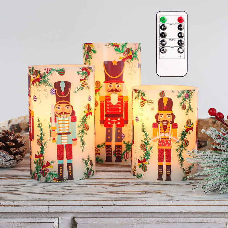 Nutcracker-Themed Flameless LED Candles with Remote Timer - Battery Operated Real Wax Pillar Set of 3 for Holiday Decor and Gift Giving