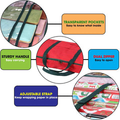Christmas Wrapping Paper Storage Bag with Pockets - Durable Underbed Organizer (37” x 14” x 4”, Red, 600D Oxford Fabric)