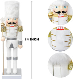 14-Inch Handmade Wooden Nutcracker Soldier in White Uniform with Scepter - Festive Decorative Figure for Indoor Winter Table and Fireplace Decor
