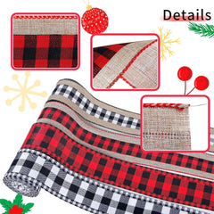 Buffalo Plaid Burlap Wired Ribbon Set for Holiday Decoration, Gift Wrapping, Wreaths, and Crafts, 2.5 Inches Wide, Total of 12 Yards (Natural Patchwork in Red and Black)