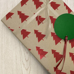 Christmas Kraft Wrapping Paper Roll - 25 Sq Ft with Red Tree Design on Brown Kraft Paper - Individually Sold
