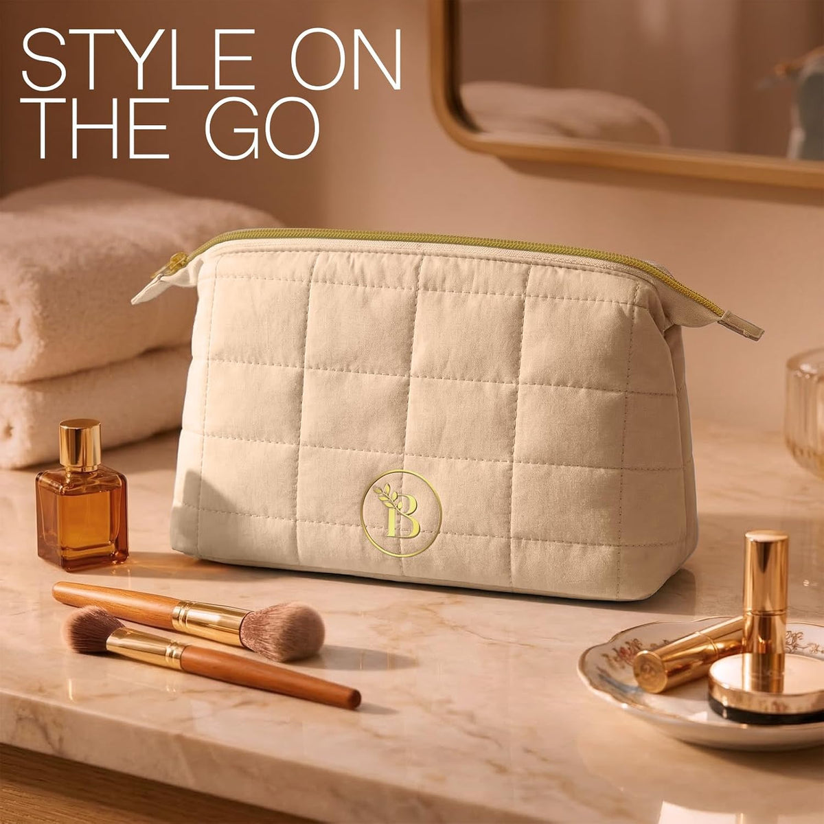 Stylish Camel Quilted Travel Pouch – Your Perfect Organizer for Cosmetics and Essentials