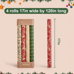 Rustic Christmas Wrapping Paper Rolls - Eco-Friendly Brown Kraft with Festive Red and Green Patterns, 4 Rolls (17" x 120") for Holiday Gift Giving