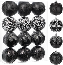 3.15" Black Shatterproof Christmas Ball Ornaments Set of 12 - Large Hanging Decorations for Holiday Wreaths and Home Decor