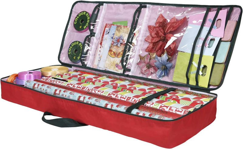 Christmas Wrapping Paper Storage Bag with Pockets - Durable Underbed Organizer (37” x 14” x 4”, Red, 600D Oxford Fabric)
