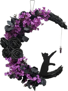 "Spooky Halloween Moon Wreath with Mini Black Cat 🌙🐱 Perfect for Home Parties! #HalloweenDecor"