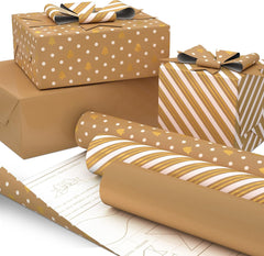 Festive Holiday Wrapping Paper Set - 3 Rolls of Kraft & Gold Designs with DIY Bow Templates for Christmas, Hanukkah, Weddings & Birthdays - 120 Sq. Ft. Total