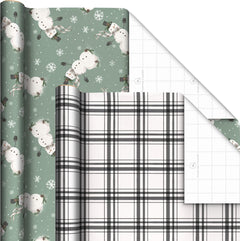 Eco-Friendly Christmas Wrapping Paper Set - 4 Rolls of 100 Sq. Ft. Featuring Rustic Snowmen, Elegant Pinecones, Nordic Deer, and Festive Plaid Designs in White and Sage Green