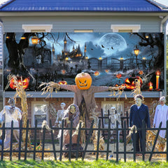 Extra Large Halloween Garage Door Cover Banner - 6 x 16 Ft: Featuring a Spooky Haunted House and Pumpkins - Perfect for Garage Door Displays, Photography, and Party Decorations!