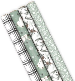 Eco-Friendly Christmas Wrapping Paper Set - 4 Rolls of 100 Sq. Ft. Featuring Rustic Snowmen, Elegant Pinecones, Nordic Deer, and Festive Plaid Designs in White and Sage Green