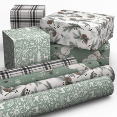 Eco-Friendly Christmas Wrapping Paper Set - 4 Rolls of 100 Sq. Ft. Featuring Rustic Snowmen, Elegant Pinecones, Nordic Deer, and Festive Plaid Designs in White and Sage Green