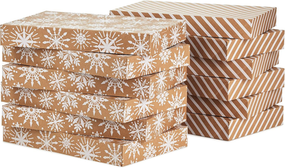 Charming Medium Gift Boxes with Lids - 12 White Snowflake & Striped Kraft Boxes for Christmas, Winter Weddings, and Bridal Showers