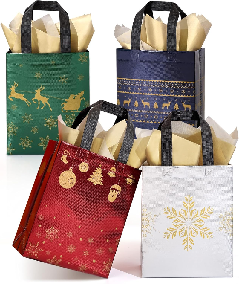 16 Pack Medium Christmas Gift Bags with Tissue Paper - Reusable Holiday Tote Bags with Handles for Perfect Gift Wrapping!