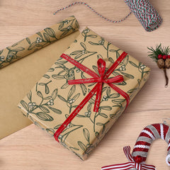 Rustic Christmas Wrapping Paper Rolls - Eco-Friendly Brown Kraft with Festive Red and Green Patterns, 4 Rolls (17" x 120") for Holiday Gift Giving