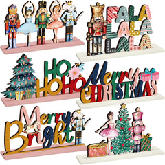 6-Piece Wooden Nutcracker Fairy Ballet Christmas Table Centerpiece Set with Mouse King Soldier Signs for Holiday Home Decor and Tiered Tray Display