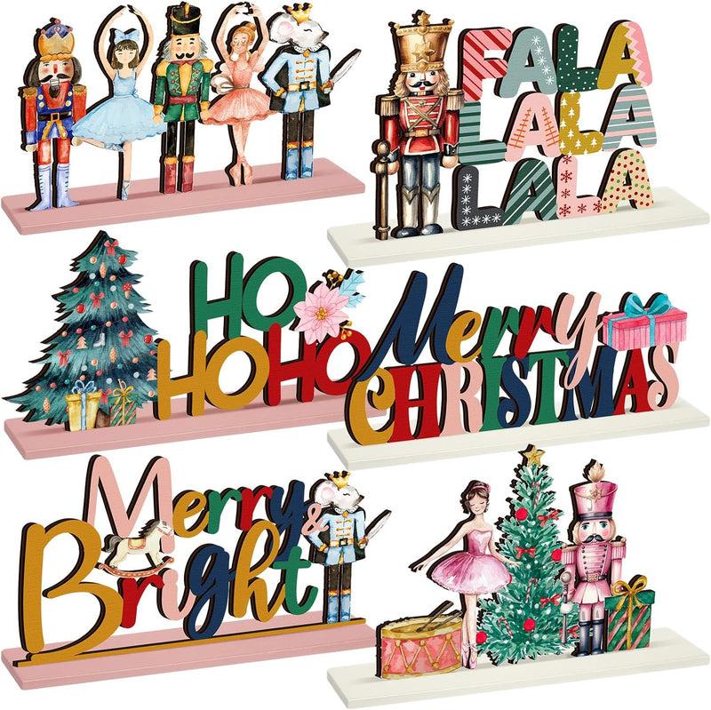 6-Piece Wooden Nutcracker Fairy Ballet Christmas Table Centerpiece Set with Mouse King Soldier Signs for Holiday Home Decor and Tiered Tray Display