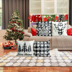 Christmas-Themed Throw Pillow Covers (18x18", Set of 4) - Farmhouse Style with Buffalo Plaid, Featuring Christmas Trees and Deer