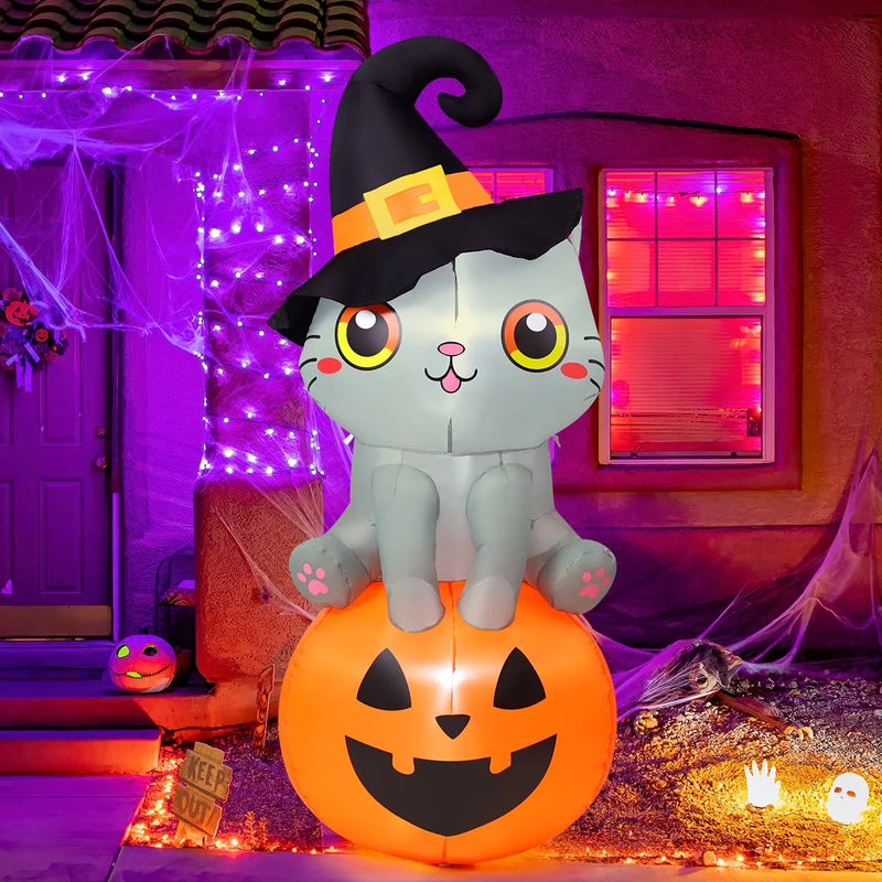 6 FT Inflatable Halloween Cat on Pumpkin - Ideal for Outdoor Decor and Halloween Celebrations with LED Lighting