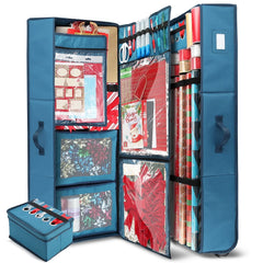 Christmas Wrapping Paper Storage Solution with Additional Storage Bins and Ribbon Organizer, Gift Wrap Organizer on Wheels - Accommodates Up to 30 Rolls of 40", Blue