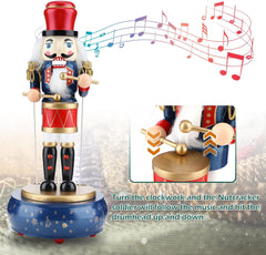 12-Inch Wooden Nutcracker Christmas Decorations with Clockwork Music Box - Soldier Drummer Design for Home Table Decor (Blue)