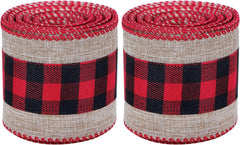 Buffalo Plaid Burlap Wired Ribbon Set for Holiday Decoration, Gift Wrapping, Wreaths, and Crafts, 2.5 Inches Wide, Total of 12 Yards (Natural Patchwork in Red and Black)