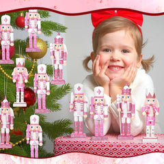 12-Piece Set of Pink and White Wooden Nutcracker Ornaments - 5-Inch Soldier Figures for Christmas Tree, Table Centerpieces, and Holiday Decor