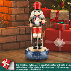 12-Inch Wooden Nutcracker Christmas Decorations with Clockwork Music Box - Soldier Drummer Design for Home Table Decor (Blue)