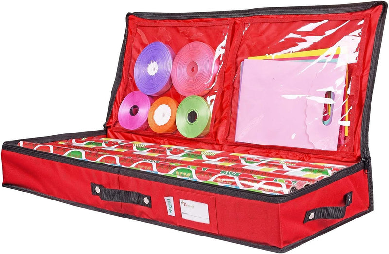Wrapping Paper Storage Organizer for 30-Inch Rolls | Under Bed Gift Wrap Holder | Dimensions: 31” x 13.5” x 4.5” | Made from Durable 600D Oxford Fabric | Features Pockets for Ribbons, Bows, and Accessories (Red)