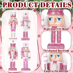 12-Piece Set of Pink and White Wooden Nutcracker Ornaments - 5-Inch Soldier Figures for Christmas Tree, Table Centerpieces, and Holiday Decor