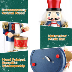 12-Inch Wooden Nutcracker Christmas Decorations with Clockwork Music Box - Soldier Drummer Design for Home Table Decor (Blue)